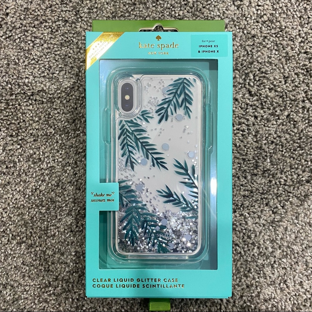 Kate Spade, clear liquid holly silver glitter case, fits iPhone XS & iPhone X